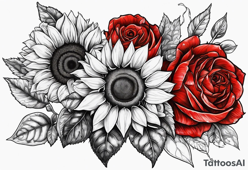 Sunflower and roses with the name Arianna in red scrip letters and “you are my sunshine” tattoo idea