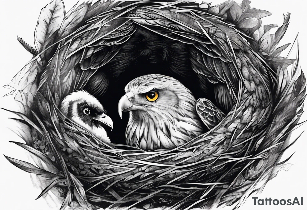 Owl, raven, eagle cuddled in a nest, looking down into the nest tattoo idea