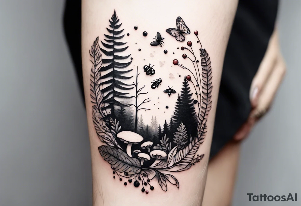 forest floor inspired minimalist tattoo, which includes grass, curly ferns, moss and dead leaves as the bulk of the tattoo. details to include: forest berries, a tiny bumblebee flying nearby, three small brown mushrooms
Generate a vertically long one tattoo idea