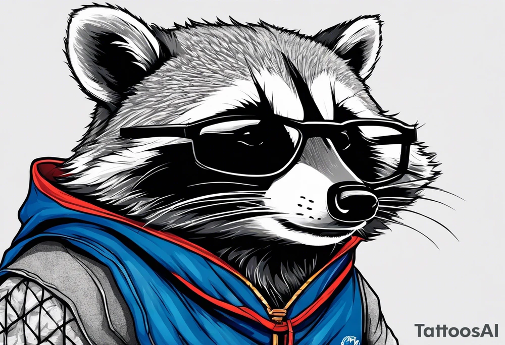raccoon wearing a Superman hoodie tattoo idea