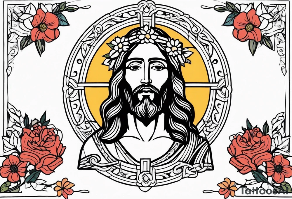 jesus
old school vintage simple traditional design with vintage flowers surrounding
bold color simple tattoo idea