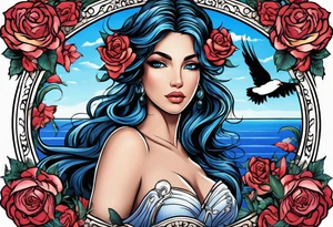 Aphrodite is the goddess of love, with a seaside background, surrounded by birds.. blue roses frames, background blue,present it in a tattoo, black hair, love motives tattoo idea