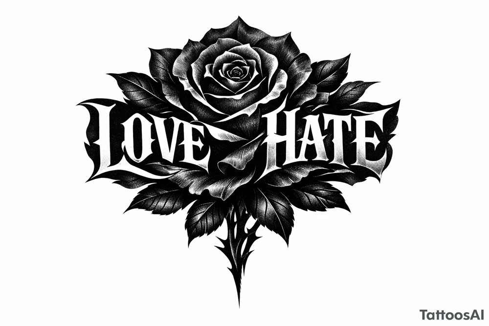 Single rose, petals morphing into bold love and hate lettering. tattoo idea