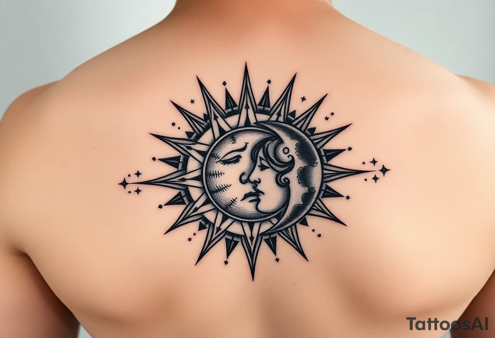 celestial sun and moon embrace with constellation patterns tattoo idea