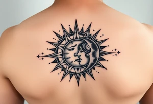 celestial sun and moon embrace with constellation patterns tattoo idea
