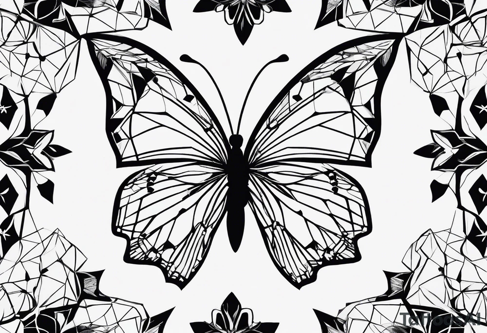 Thin Minimalistic butterfly on the background of indra’s diamond network tattoo idea