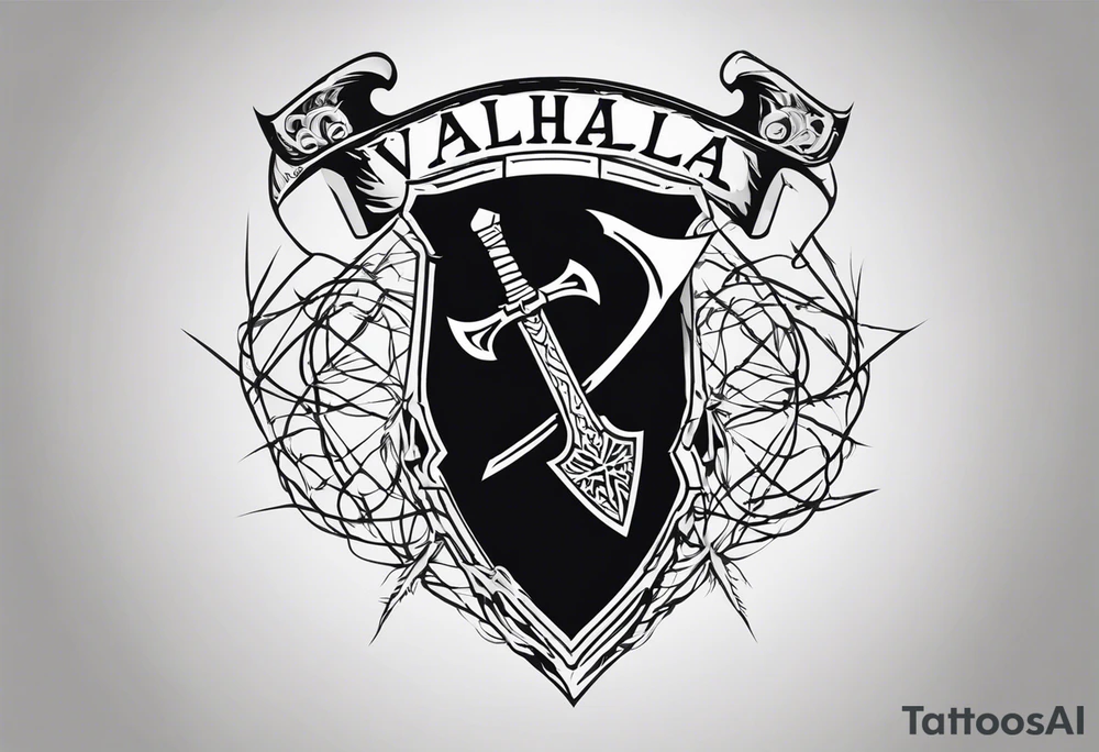 Valhalla shield sword axe barbed wire tattoo idea
