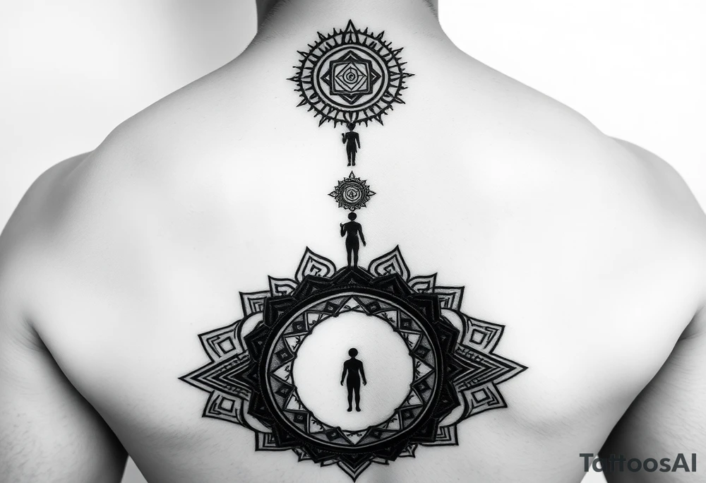 Mirror with gradient reflection, small figure at bottom naturally growing taller toward top, like time-lapse of growth, geometric sacred patterns flowing upward with the transformation, no break just natural progression, represents continuous evolution, black and grey tattoo design tattoo idea