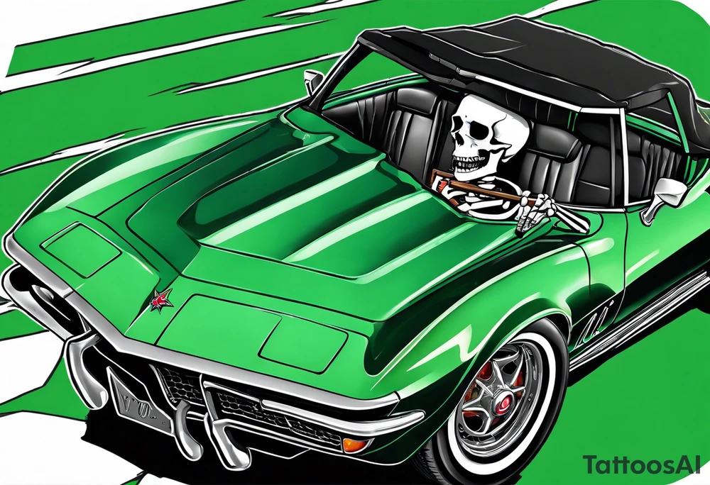 Skeleton smoking a cigarette driving a green 1976 convertible Corvette tattoo idea