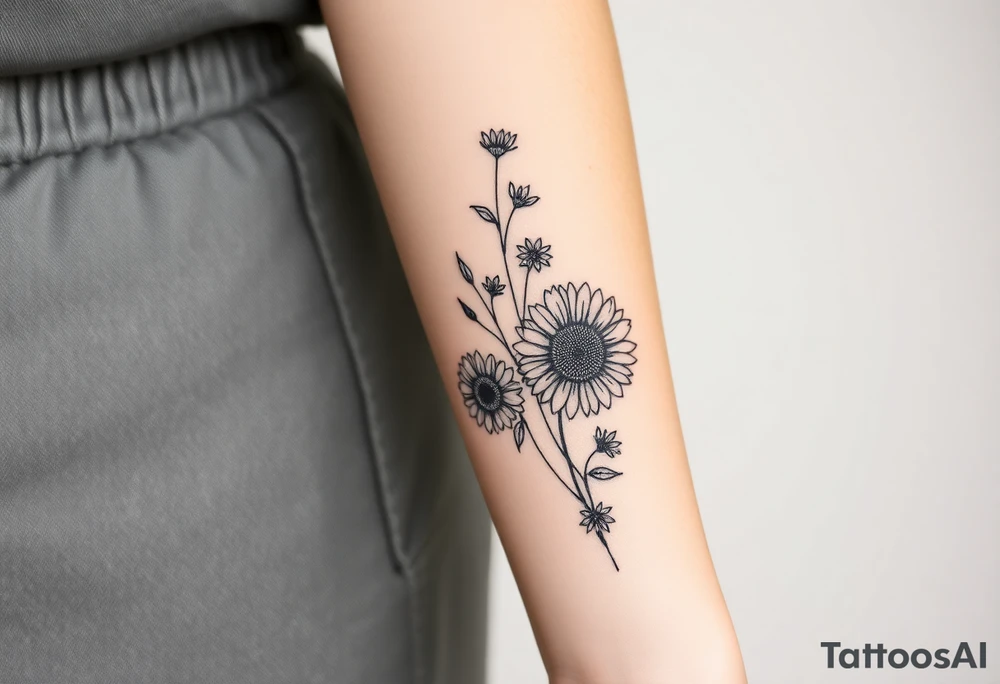 Large floral design with multiple types of flowers including sunflowers tattoo idea