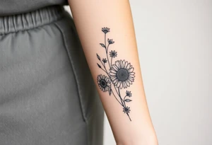 Large floral design with multiple types of flowers including sunflowers tattoo idea