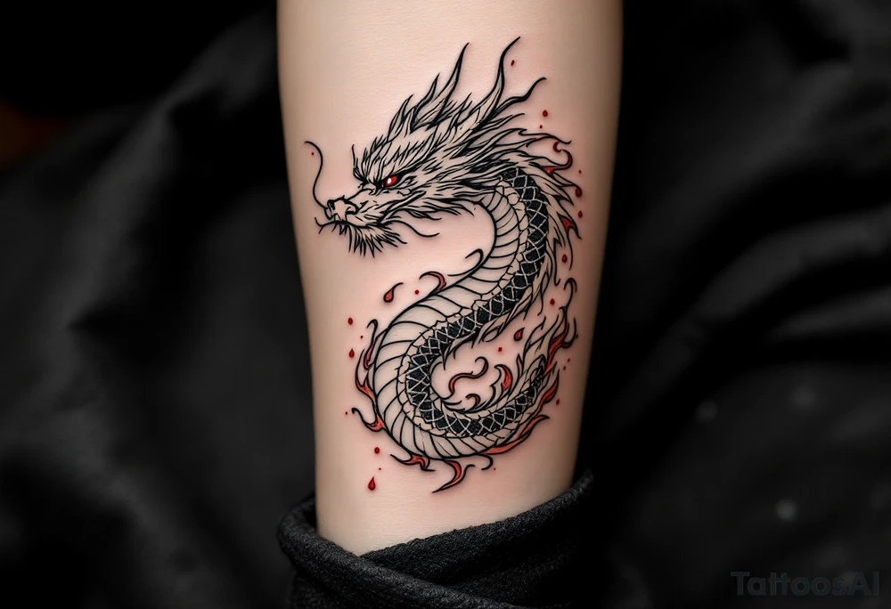 龙 (lóng, “dragon”) in crimson red paired with flames represents power, protection, and transformation. tattoo idea