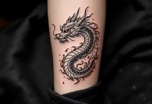 龙 (lóng, “dragon”) in crimson red paired with flames represents power, protection, and transformation. tattoo idea