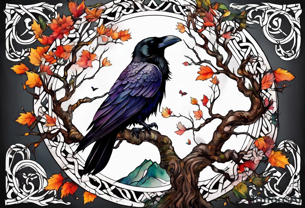 world tree with a raven and knotwork sleeve tattoo tattoo idea