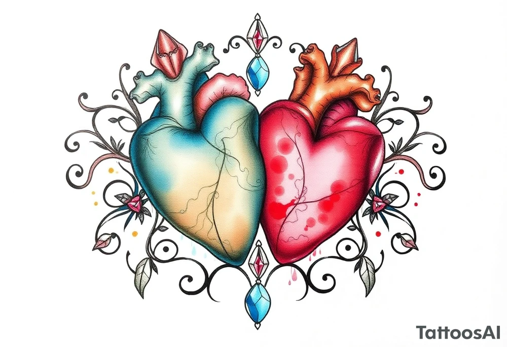 Two hearts surrounded by filigree and crystal or gem accents tattoo idea