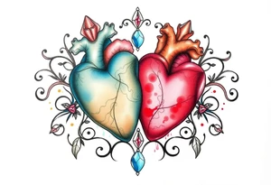 Two hearts surrounded by filigree and crystal or gem accents tattoo idea