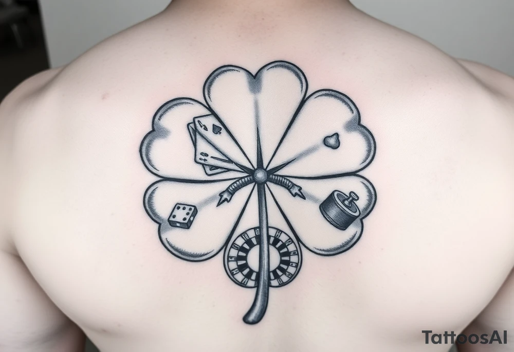 A four-leaf clover with a slot machine, a pack of cards, a pair of dice, and a roulette table in each leaf tattoo idea