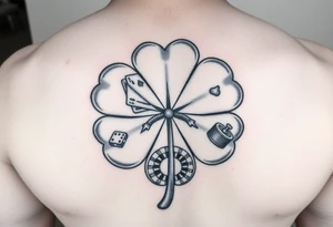A four-leaf clover with a slot machine, a pack of cards, a pair of dice, and a roulette table in each leaf tattoo idea