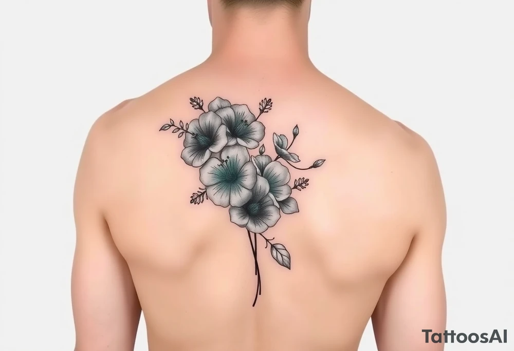 Turquoise colored mimosa flowers as a filler for an arm sleeve tattoo idea