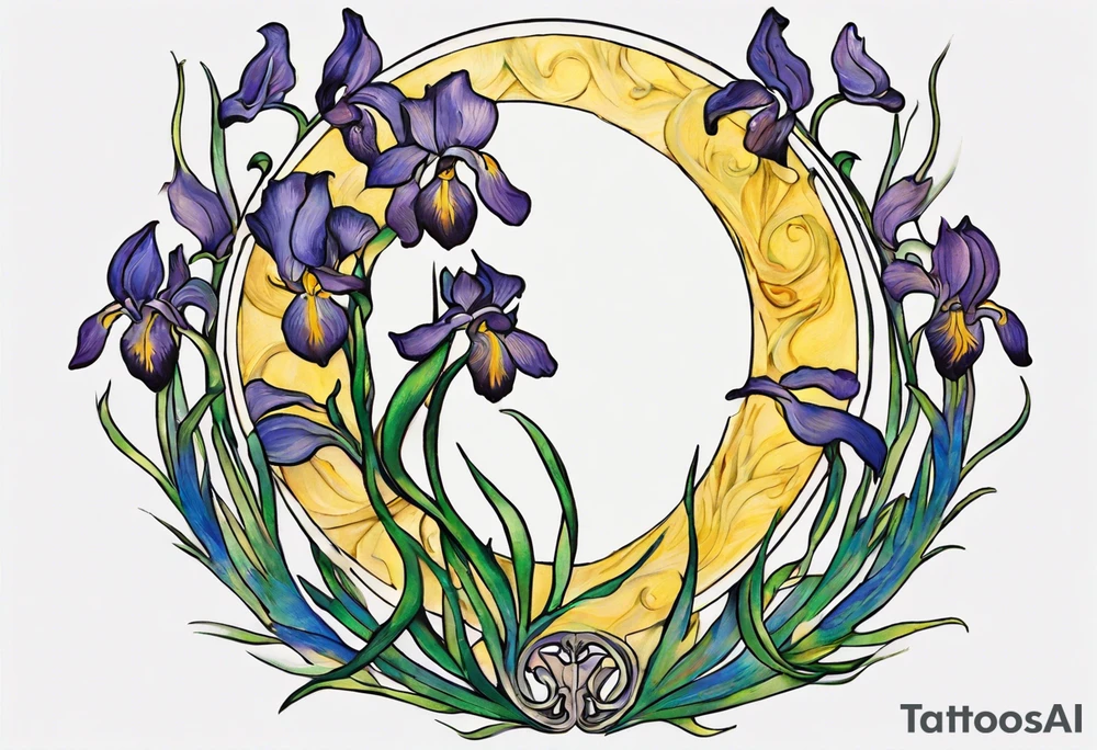 Create a colorful Vincent van Gogh Irises tattoo with Athena's shield and spear. The tattoo should take the form of a crescent, with vines gracefully intertwining at a central point in the middle of the wreath.  The intended placement is on the upper chest. The overall design should be small in size while maintaining a delicate and artistic aesthetic. Pay attention to the graceful flow of the vines and the placement of the irises to achieve a refined and elegant look. tattoo idea