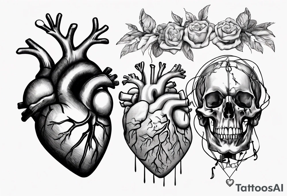 Anatomical heart and anatomical brain floating away tied down with string tattoo idea