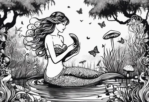 Mermaid silhouette surrounded by musical notes in a Louisiana bayou that has cypress trees, mushrooms, lily pads, frogs, and bugs tattoo idea