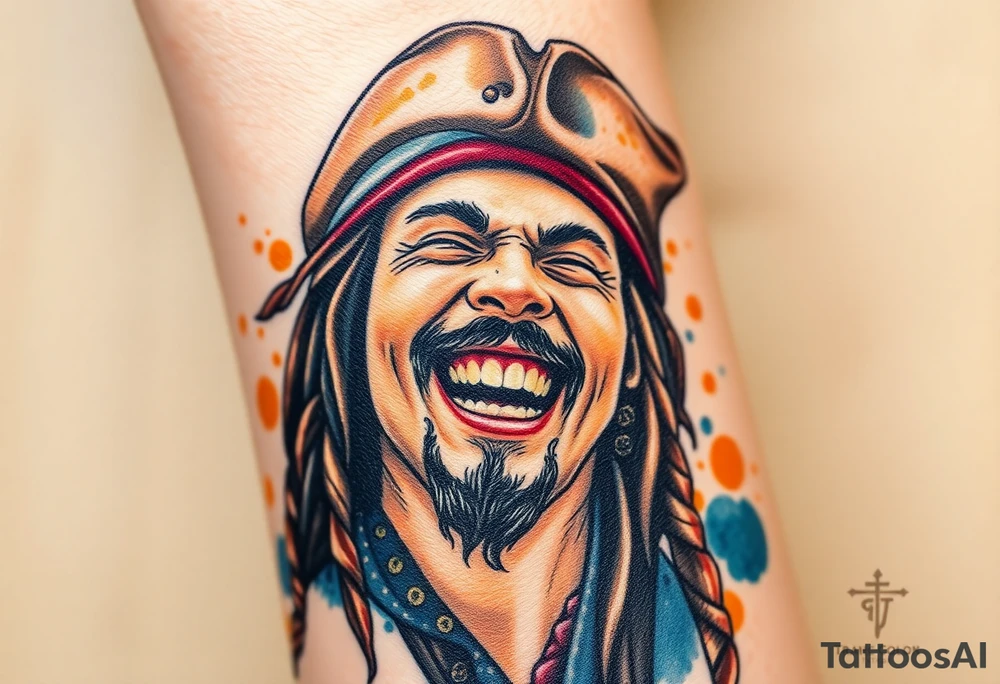 Jack Sparrow laughing wildly, his gold-toothed grin visible, with soft watercolor splashes of rum-colored amber and navy blue behind him tattoo idea