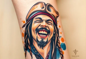 Jack Sparrow laughing wildly, his gold-toothed grin visible, with soft watercolor splashes of rum-colored amber and navy blue behind him tattoo idea