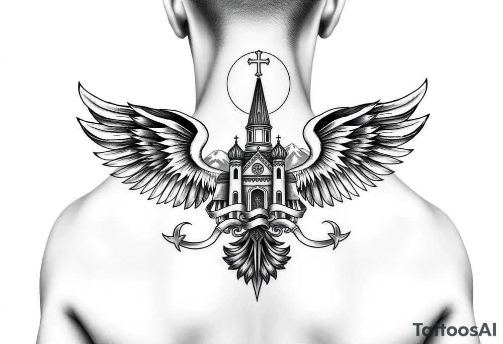 russian coat of arms with both heads visible & wings spanning out on my back neck across on to my shoulders / traps with a orthodox christian church being visible in a mountainous sun beaming setting, with the russian orthodox cross spire of the orthodox church being visible on my neck with a sun beaming in the background that the cross sits inside tattoo idea