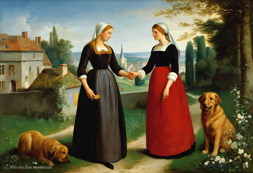 3 webliche Menschen die nebeneinander stehen. Die linke ist ein junges mädchen, die mittlere eine reife Frau, die rechte eine sehr alte frau. Sie blicken  nach vorne.
Es sind 3 weberinen. Sie symbolisisren die moiren, alte schicksalsgöttinen. in schwarz und weis als tattoo tattoo idea