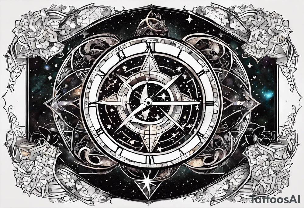 Matter, energy, space and time with an old stone theta symbol with stars in the background and Scorpio constellation tattoo idea