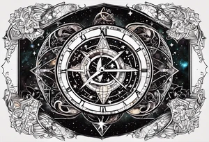 Matter, energy, space and time with an old stone theta symbol with stars in the background and Scorpio constellation tattoo idea