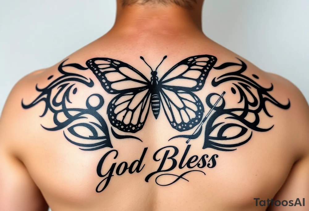 The words No Rush with a monarch butterfly in the same tatto with the words God Bless with a fishing pole. Tattoo is masculine for the upper arm tattoo idea