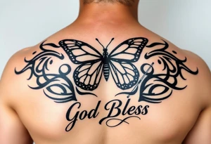 The words No Rush with a monarch butterfly in the same tatto with the words God Bless with a fishing pole. Tattoo is masculine for the upper arm tattoo idea