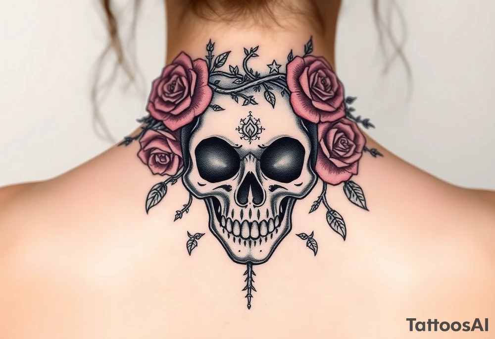 ornate skull adorned with crown of wild roses and thorns tattoo idea