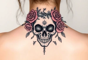 ornate skull adorned with crown of wild roses and thorns tattoo idea