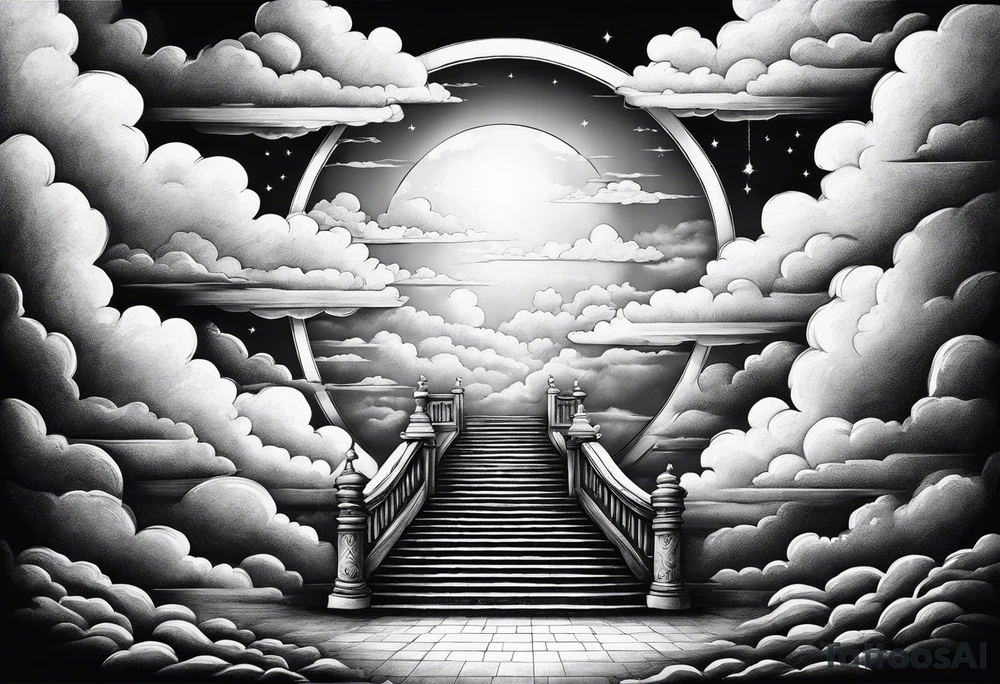 Staircase that leads through the clouds to heaven and ends at the gates of heaven. At the end there is a bright light tattoo idea