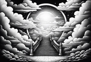 Staircase that leads through the clouds to heaven and ends at the gates of heaven. At the end there is a bright light tattoo idea