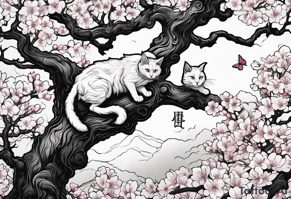 elongated cherry blossom branch meeting with a dying pine tree with hidden cute demon cat tattoo idea