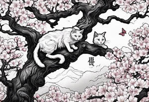 elongated cherry blossom branch meeting with a dying pine tree with hidden cute demon cat tattoo idea