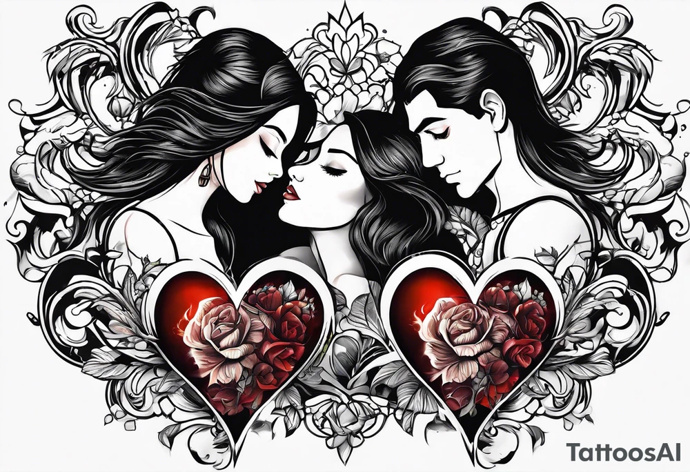 A girl with an empty heart and a guy with a burning heart. They stand back to back tattoo idea