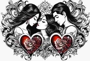 A girl with an empty heart and a guy with a burning heart. They stand back to back tattoo idea