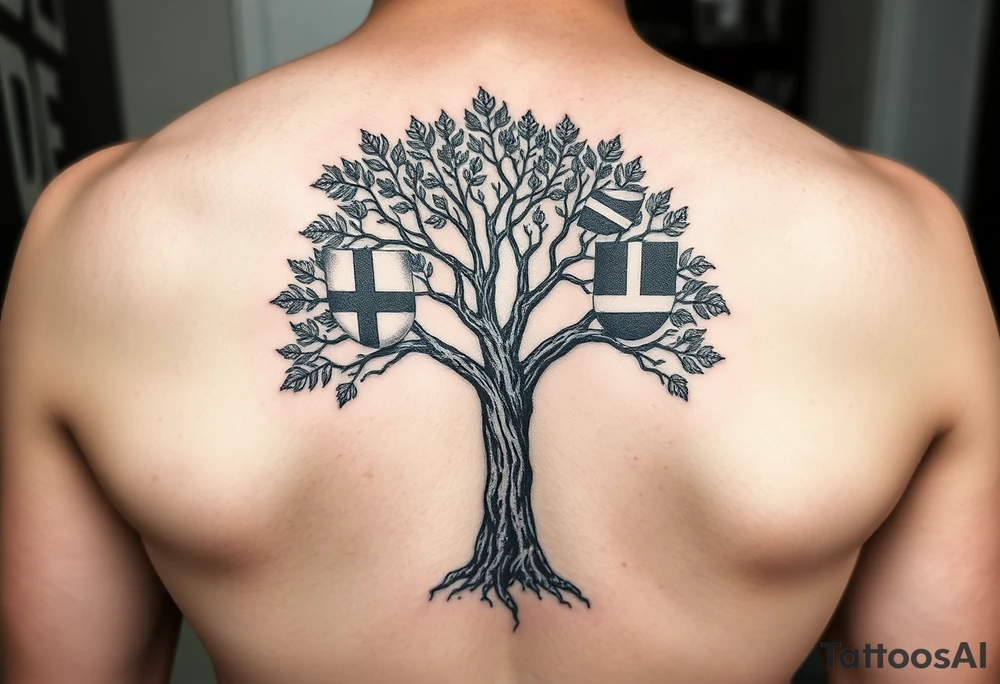 Tree with leaves that are country flags from Prussia,  Ireland, wales, scotland, England, and catawba tribe tattoo idea