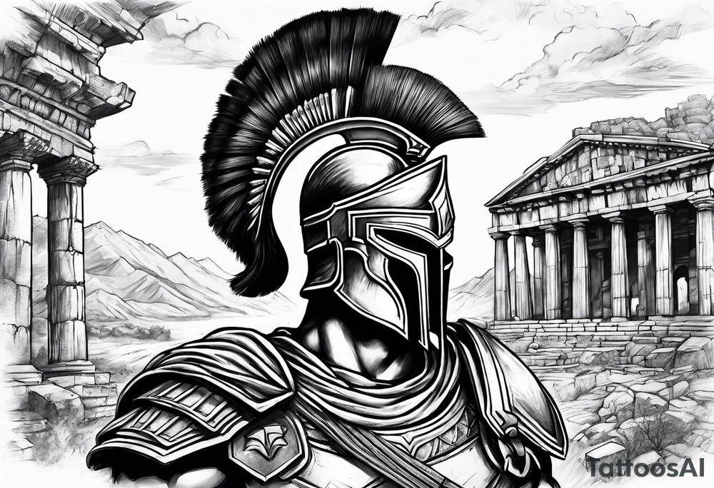Spartan solider with Ancient ruins all around tattoo idea