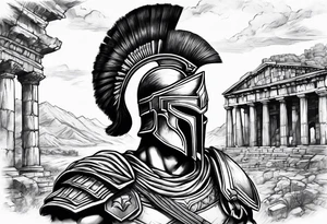 Spartan solider with Ancient ruins all around tattoo idea