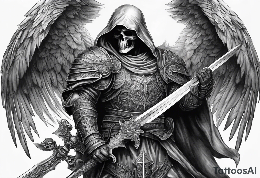 realistic angel of death, man, full body, no face visible, holding one sword, sword pointing downwards, skulls lying on the ground tattoo idea