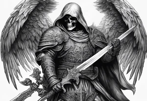 realistic angel of death, man, full body, no face visible, holding one sword, sword pointing downwards, skulls lying on the ground tattoo idea