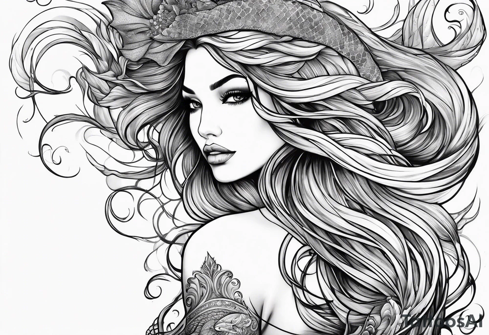 mystical sultery
 mermaid with long 
flowing tail and hair, tattoo sleeve tattoo idea