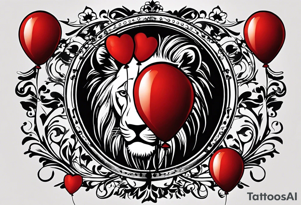 tattoo design should be in the layout of the famouse picture"small princ"  where it should remind me that I survived,and my life was saved by my husband, and he should be represented in the tattoo as a young lion holding a balloon held in the muzzle.
The baloon which is red and in Hearth shape. The whole body of lion should be visible and more abstract not so realistic.The lion is holding the string of the baloon in the muzzle. The string from the balloon should have a heartbeat pulse.The baloon should be red colored, and the rest of the image should be black only. tattoo idea