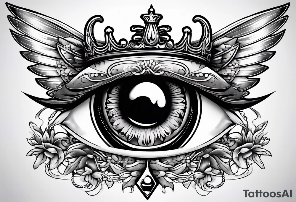 big eye with wings and crown tattoo idea